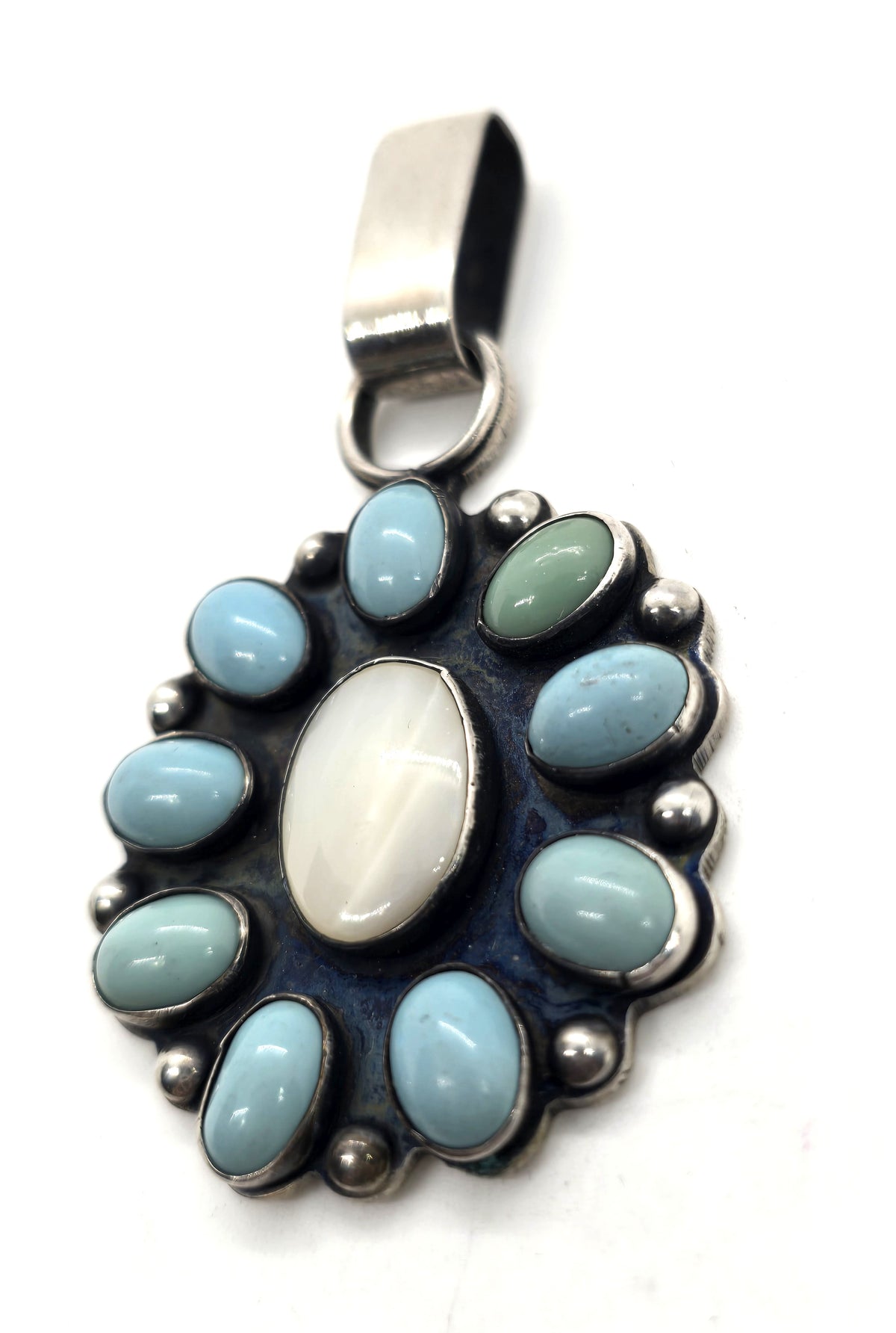 Turquoise Mother of Pearl MOP sterling silver Southwestern artisan pendant *Chip*