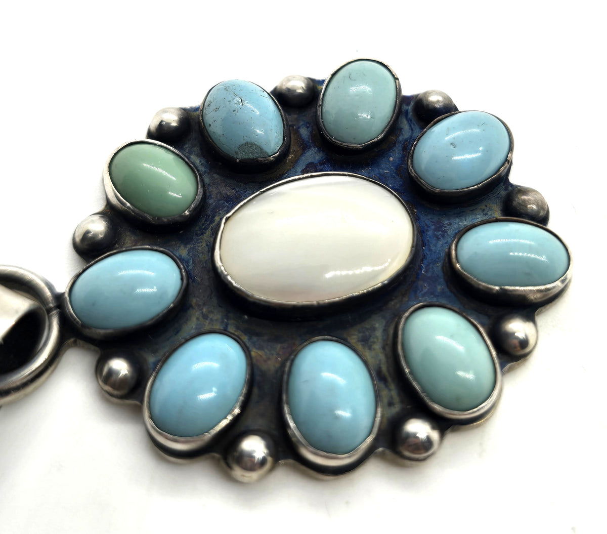 Turquoise Mother of Pearl MOP sterling silver Southwestern artisan pendant *Chip*