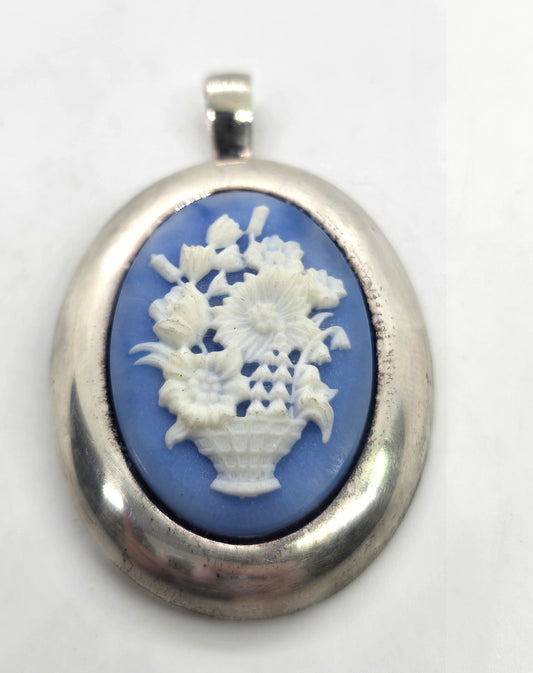 Blue flower basket Jasperware cameo vintage Milor Italy sterling silver pendant