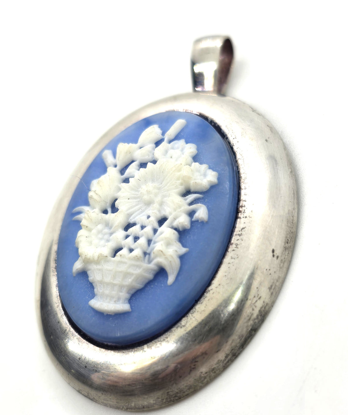 Blue flower basket Jasperware cameo vintage Milor Italy sterling silver pendant