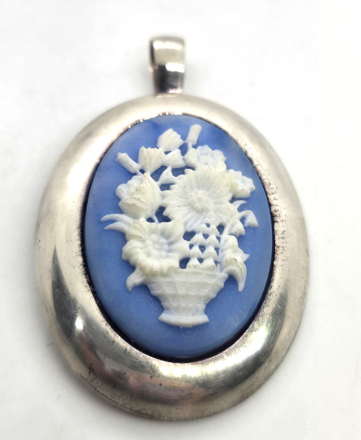Blue flower basket Jasperware cameo vintage Milor Italy sterling silver pendant