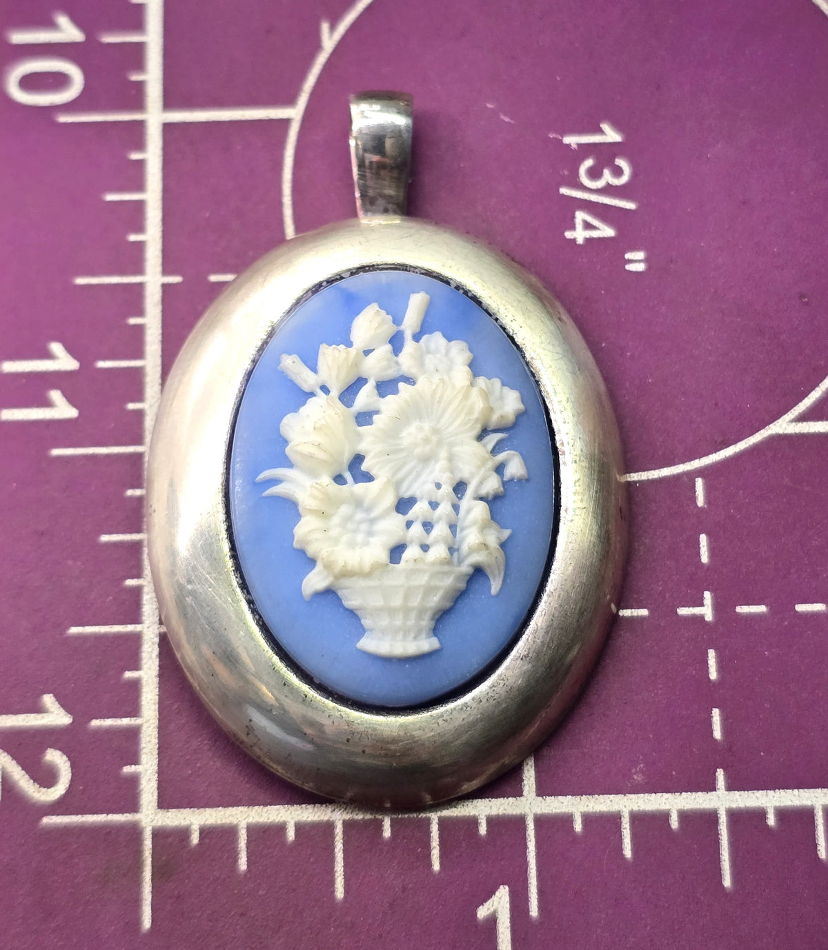Blue flower basket Jasperware cameo vintage Milor Italy sterling silver pendant