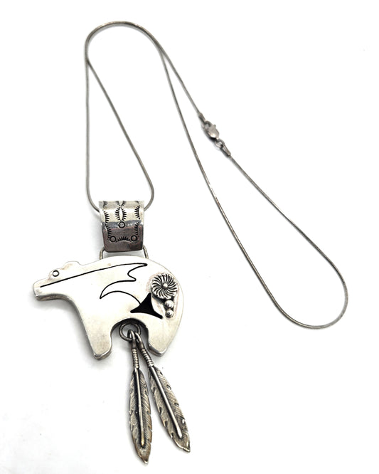 C.S. Navajo Spirit Bear Sterling Silver feather stamped pendant necklace