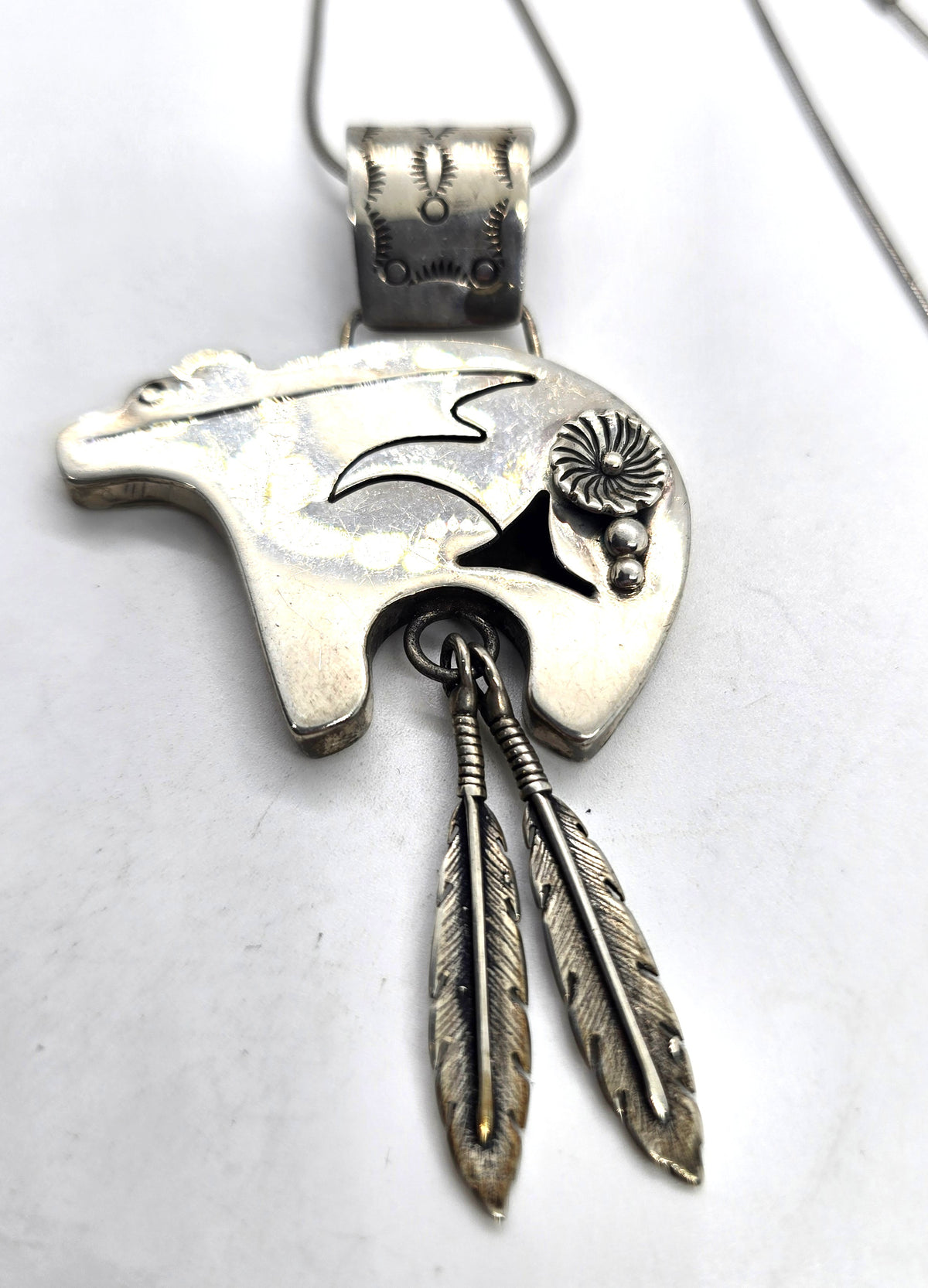 C.S. Navajo Spirit Bear Sterling Silver feather stamped pendant necklace