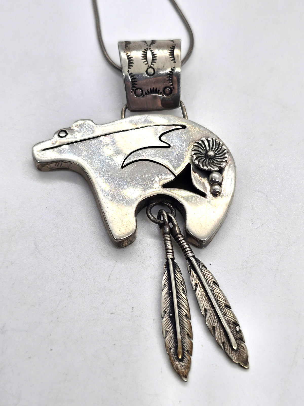 C.S. Navajo Spirit Bear Sterling Silver feather stamped pendant necklace