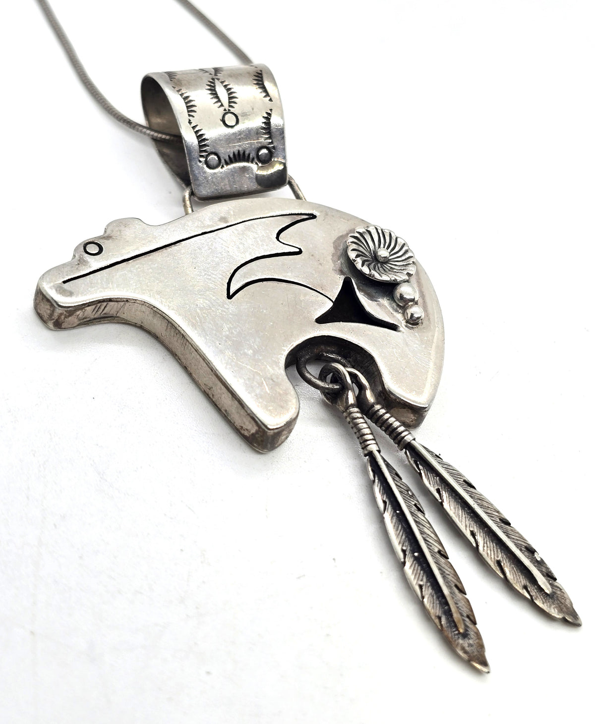 C.S. Navajo Spirit Bear Sterling Silver feather stamped pendant necklace