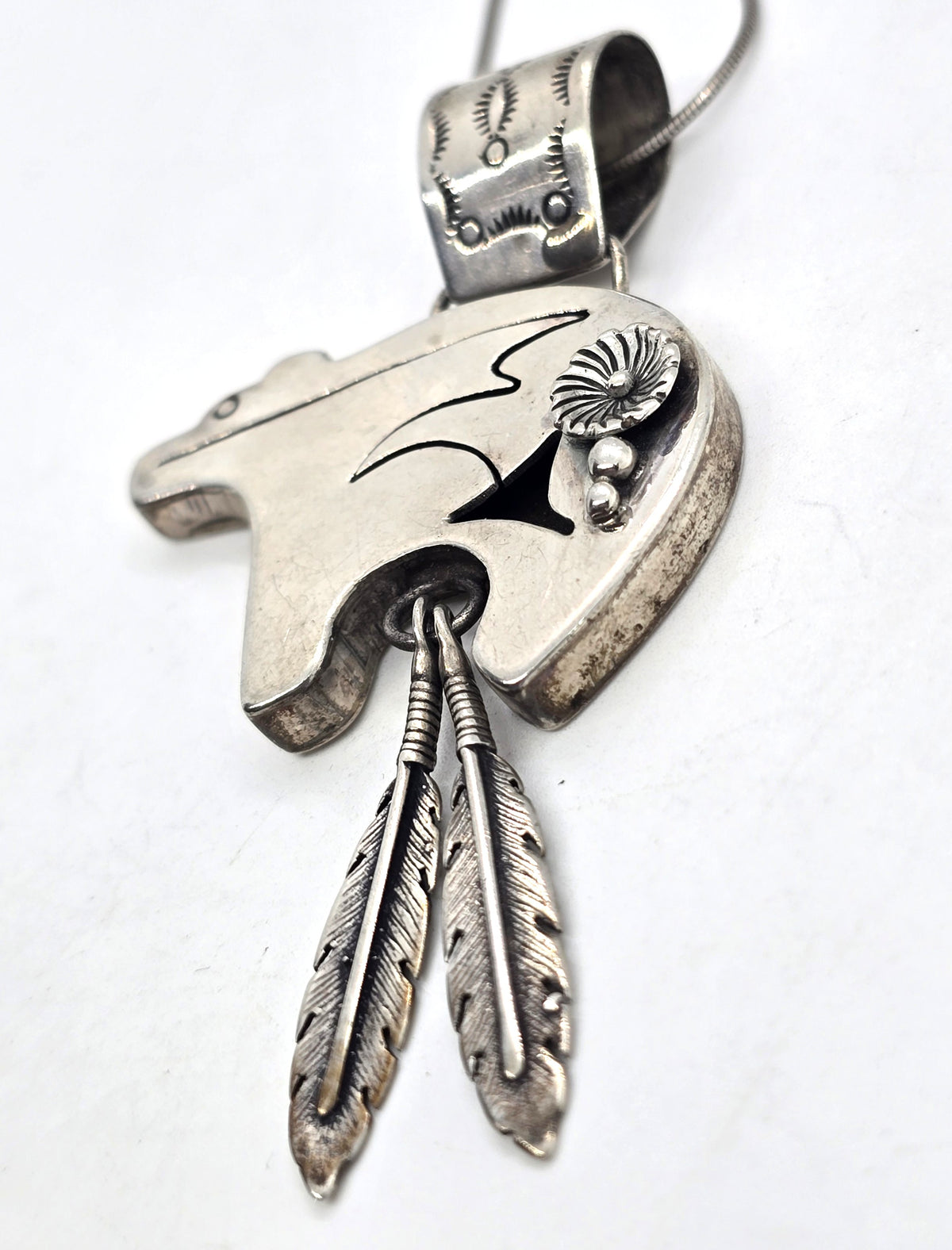 C.S. Navajo Spirit Bear Sterling Silver feather stamped pendant necklace