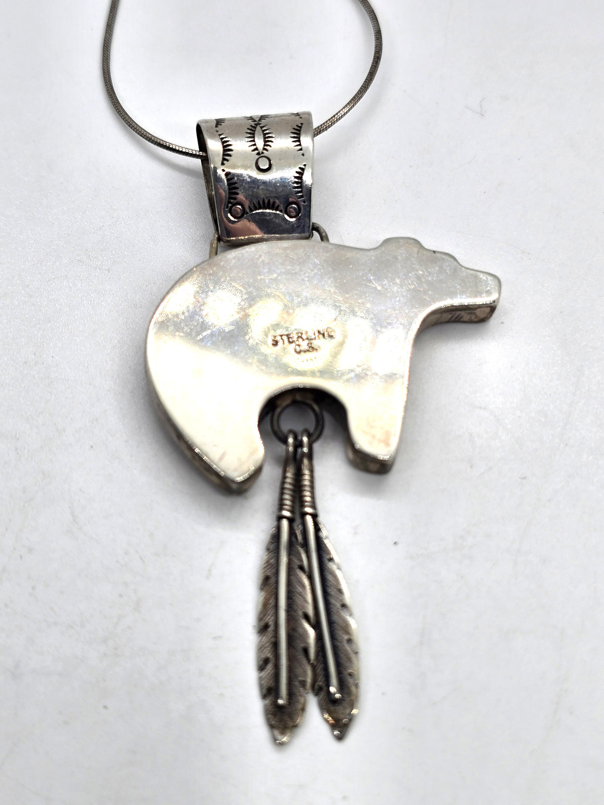 C.S. Navajo Spirit Bear Sterling Silver feather stamped pendant necklace