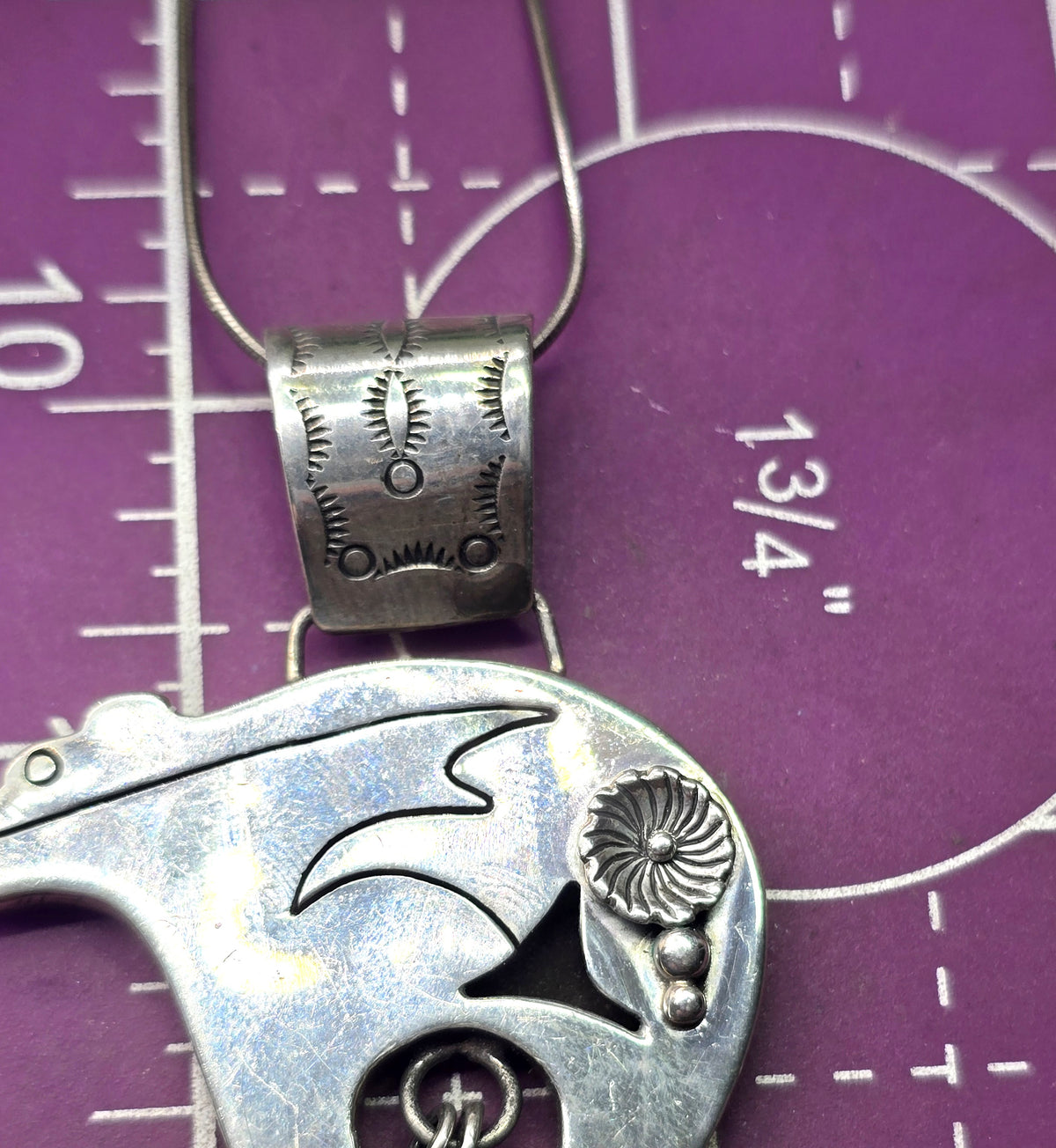 C.S. Navajo Spirit Bear Sterling Silver feather stamped pendant necklace