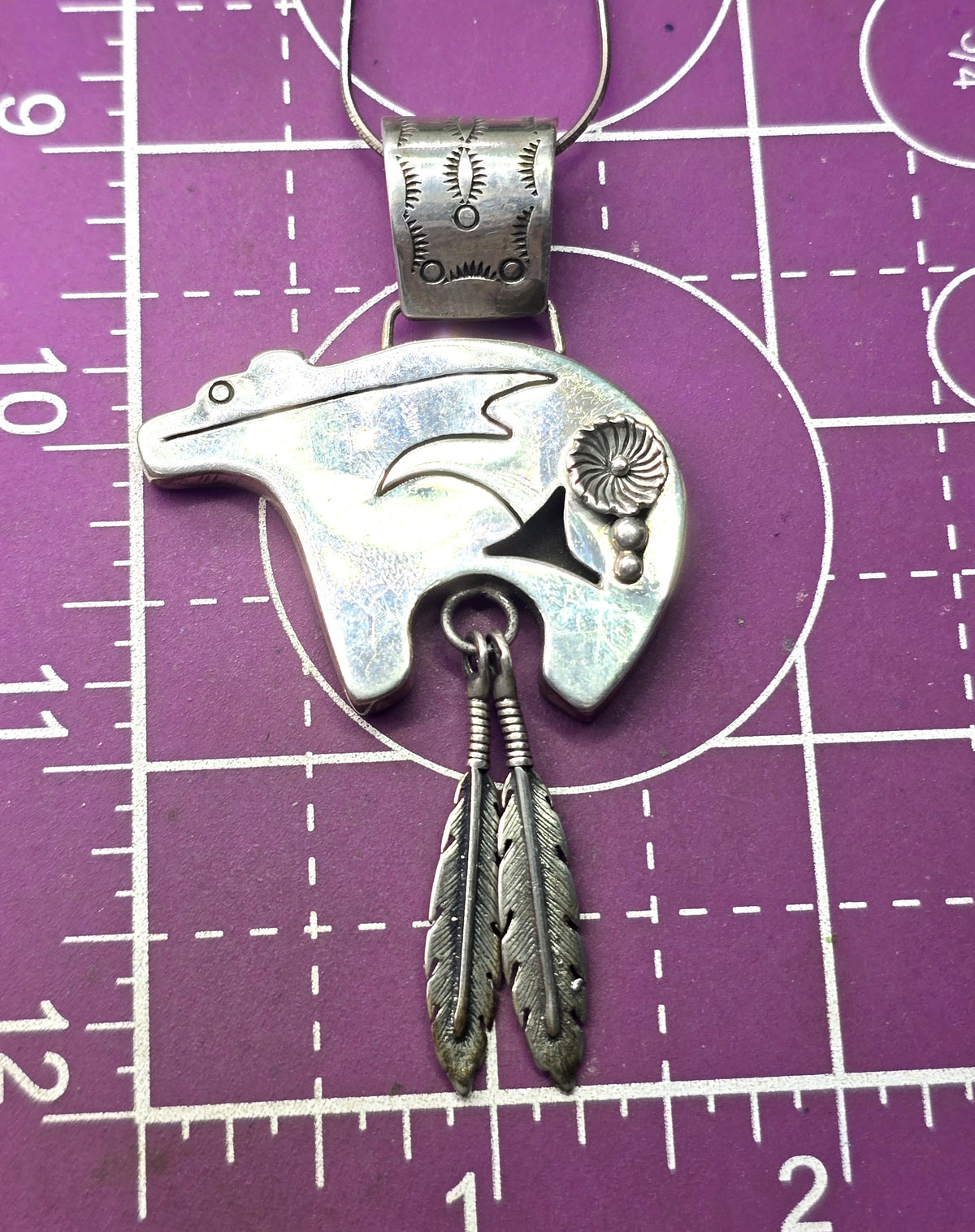 C.S. Navajo Spirit Bear Sterling Silver feather stamped pendant necklace