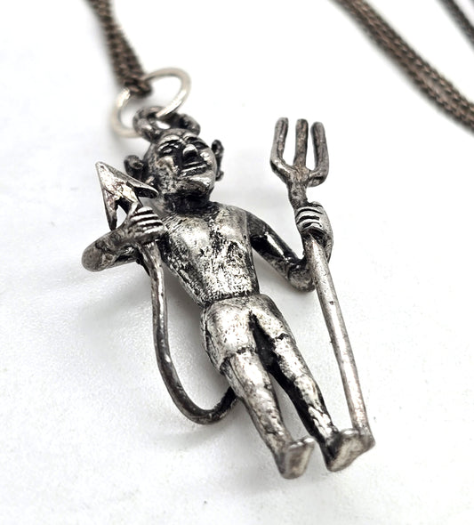 Standing Devil vintage  Sterling Silver Halloween Pendant necklace