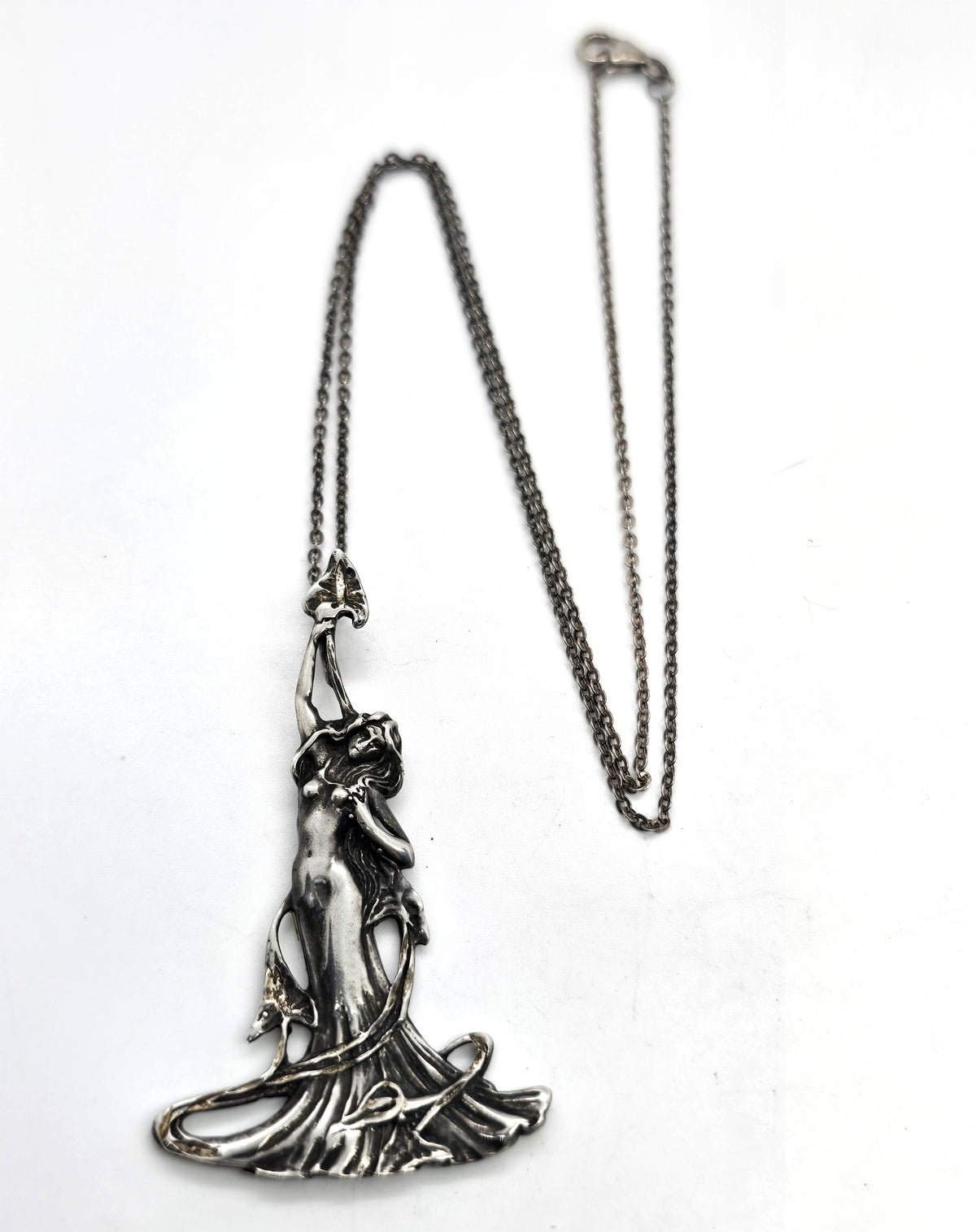 Art Nouveau Fairy Nymph woman vintage sterling silver pendant necklace