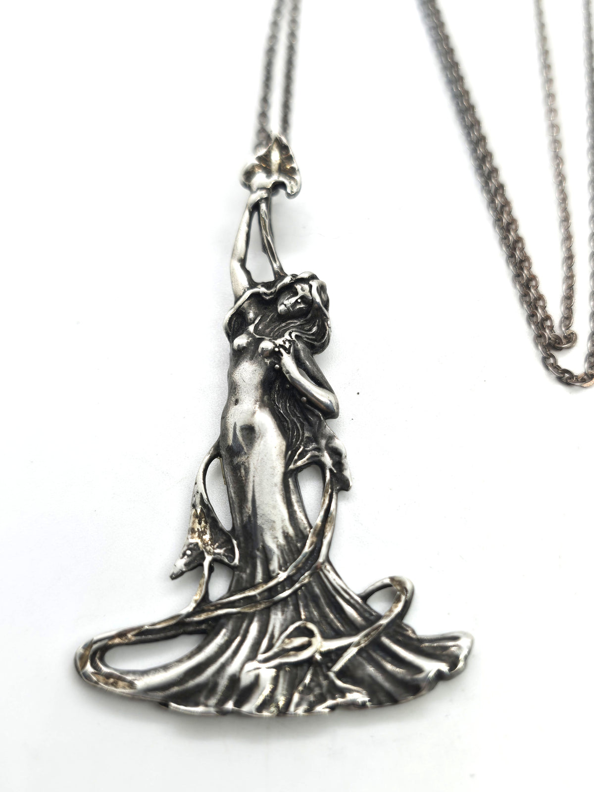 Art Nouveau Fairy Nymph woman vintage sterling silver pendant necklace