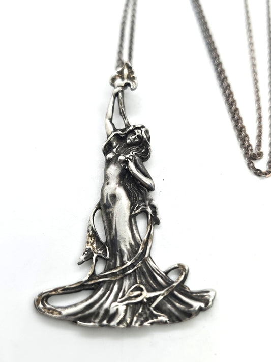Art Nouveau Fairy Nymph woman vintage sterling silver pendant necklace