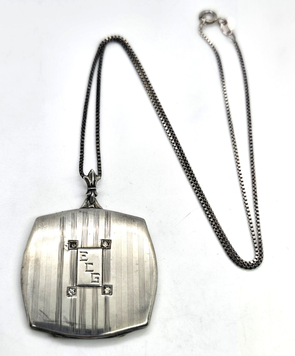 Herbert Bushell & Son Art Deco ECG etched photo locket vintage sterling silver necklace