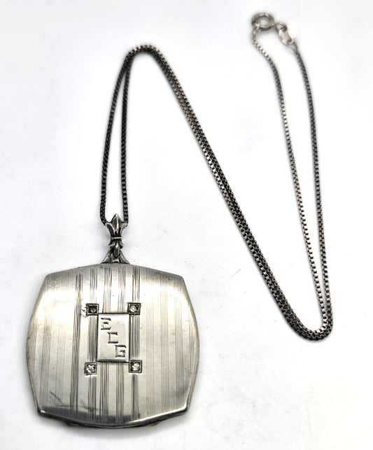 Herbert Bushell & Son Art Deco ECG etched photo locket vintage sterling silver necklace