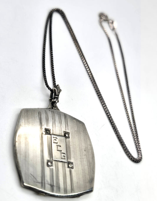 Herbert Bushell & Son Art Deco ECG etched photo locket vintage sterling silver necklace
