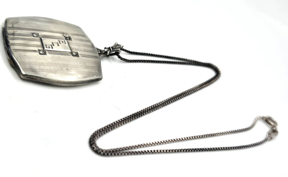 Herbert Bushell & Son Art Deco ECG etched photo locket vintage sterling silver necklace