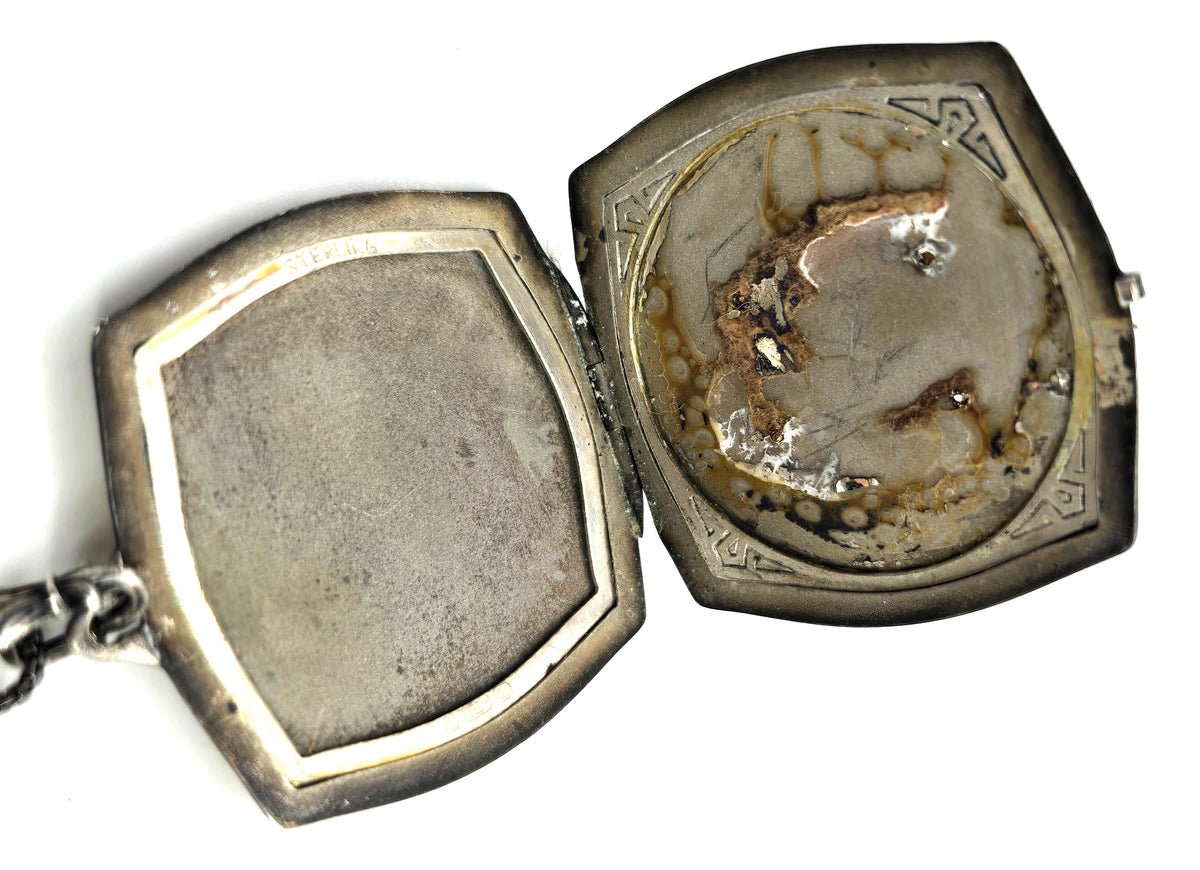 Herbert Bushell & Son Art Deco ECG etched photo locket vintage sterling silver necklace
