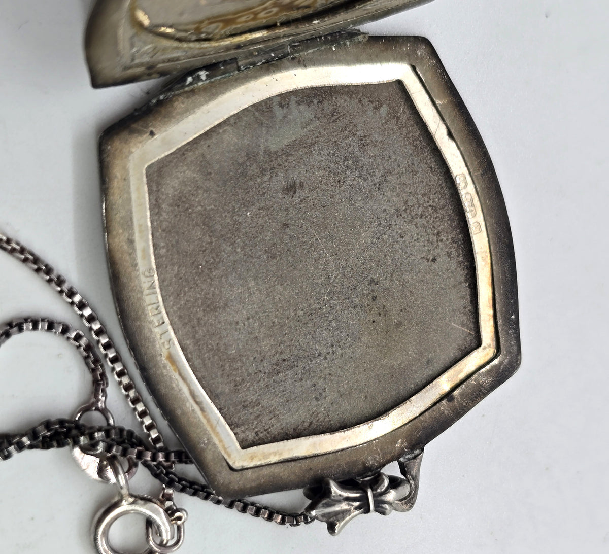 Herbert Bushell & Son Art Deco ECG etched photo locket vintage sterling silver necklace