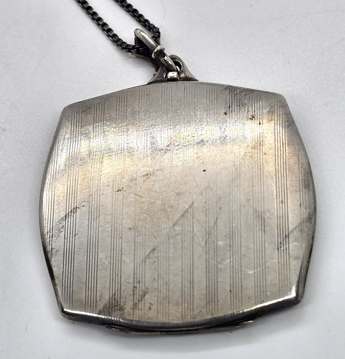 Herbert Bushell & Son Art Deco ECG etched photo locket vintage sterling silver necklace