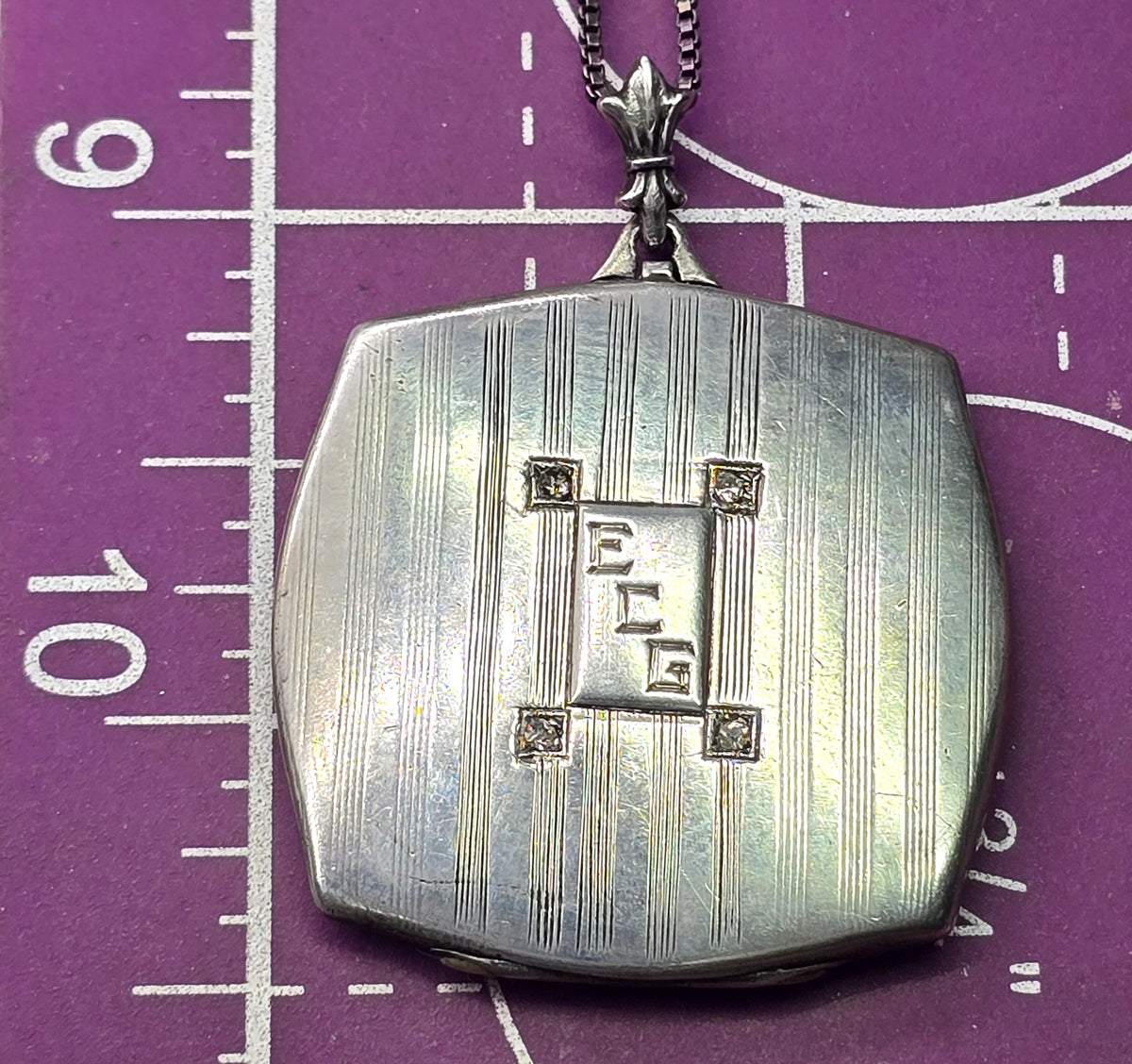 Herbert Bushell & Son Art Deco ECG etched photo locket vintage sterling silver necklace