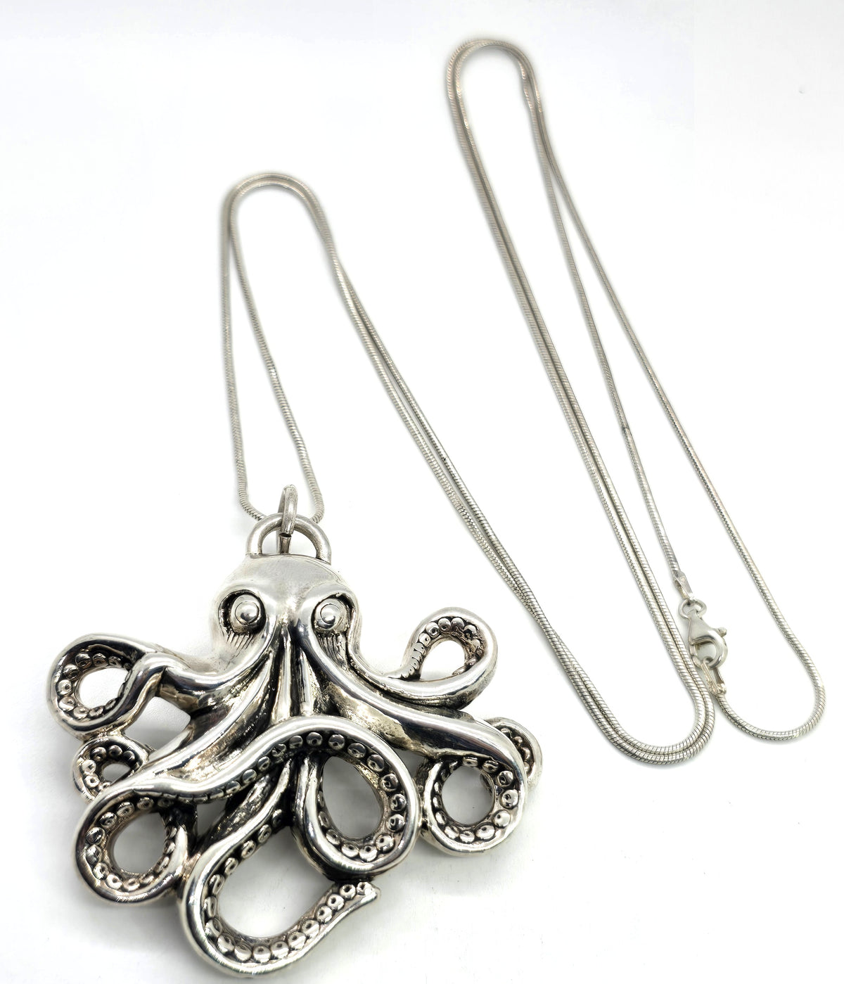 Octopus XL marine sea life hollow puffy sterling silver pendant necklace