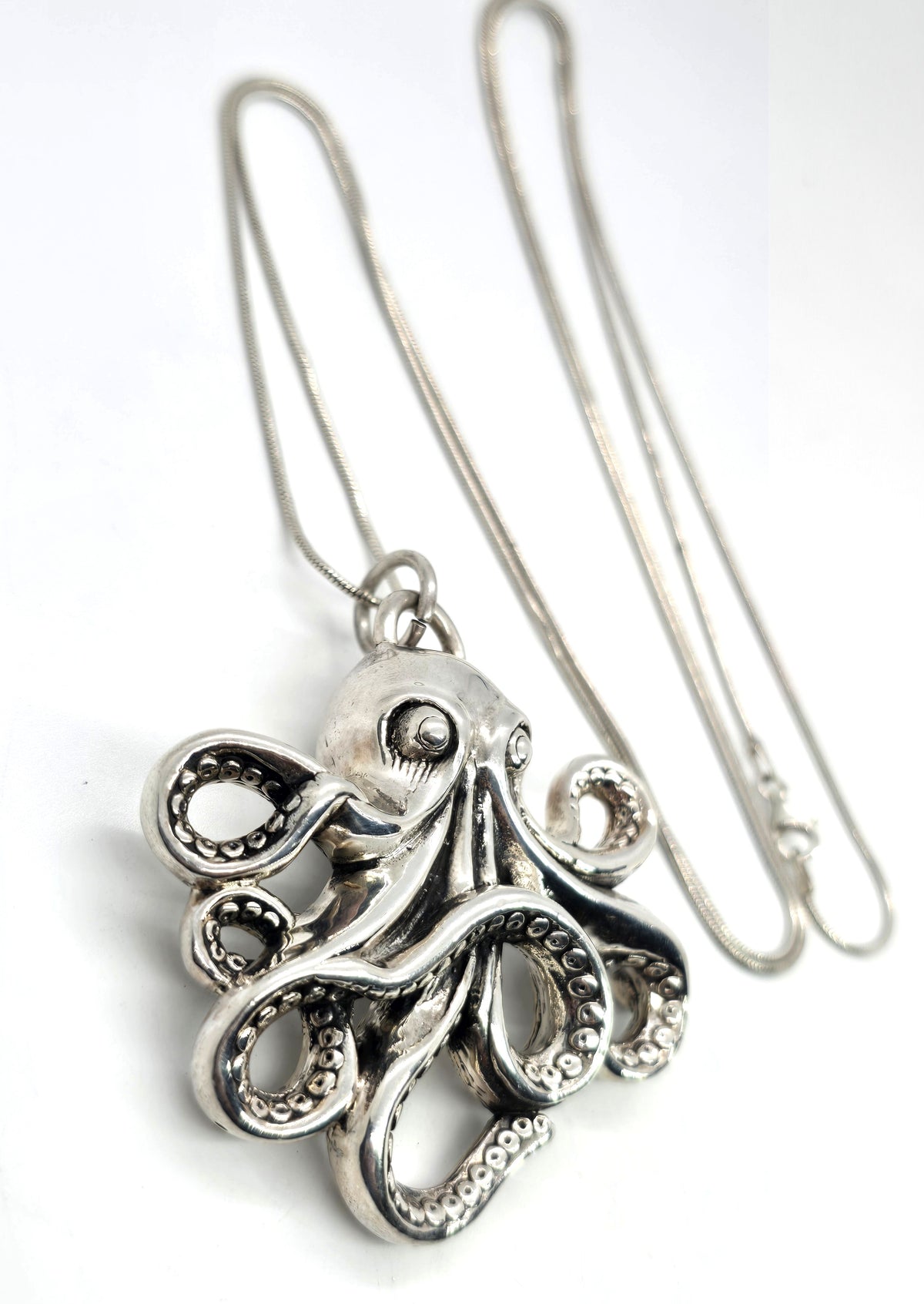 Octopus XL marine sea life hollow puffy sterling silver pendant necklace