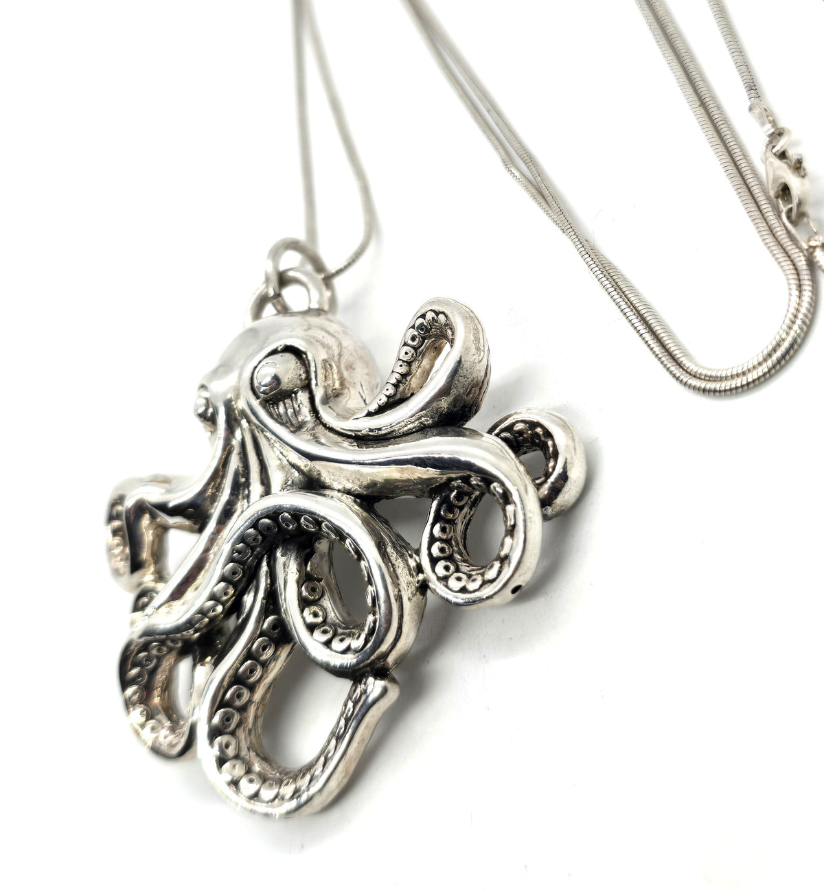 Octopus XL marine sea life hollow puffy sterling silver pendant necklace