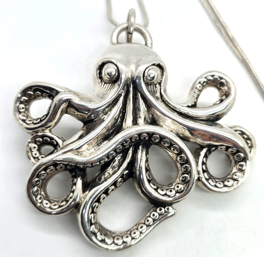 Octopus XL marine sea life hollow puffy sterling silver pendant necklace
