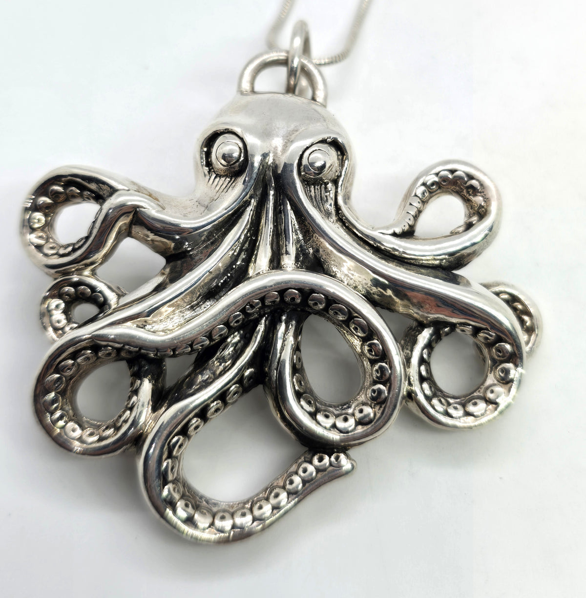 Octopus XL marine sea life hollow puffy sterling silver pendant necklace