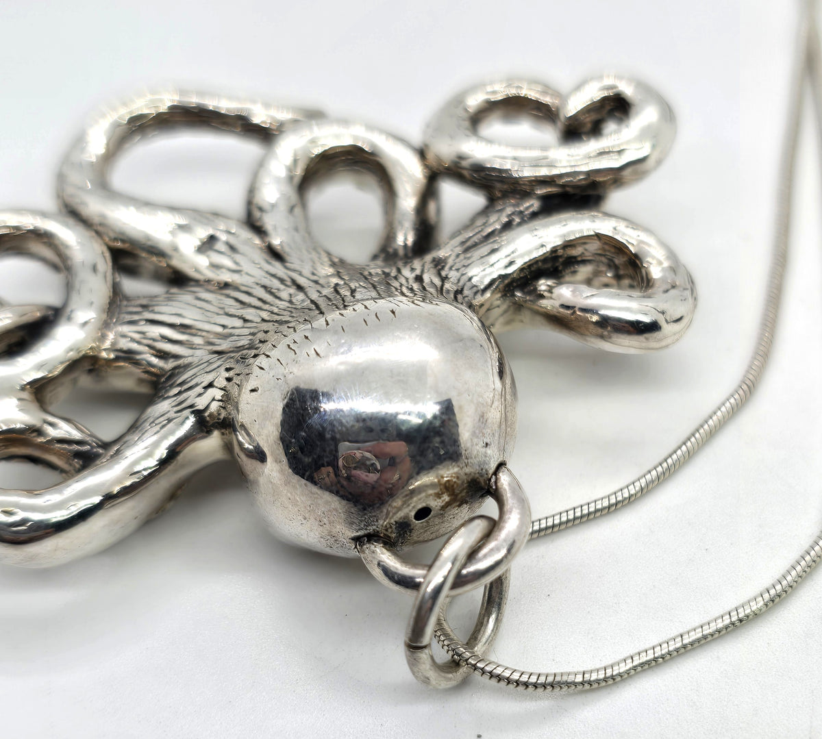 Octopus XL marine sea life hollow puffy sterling silver pendant necklace