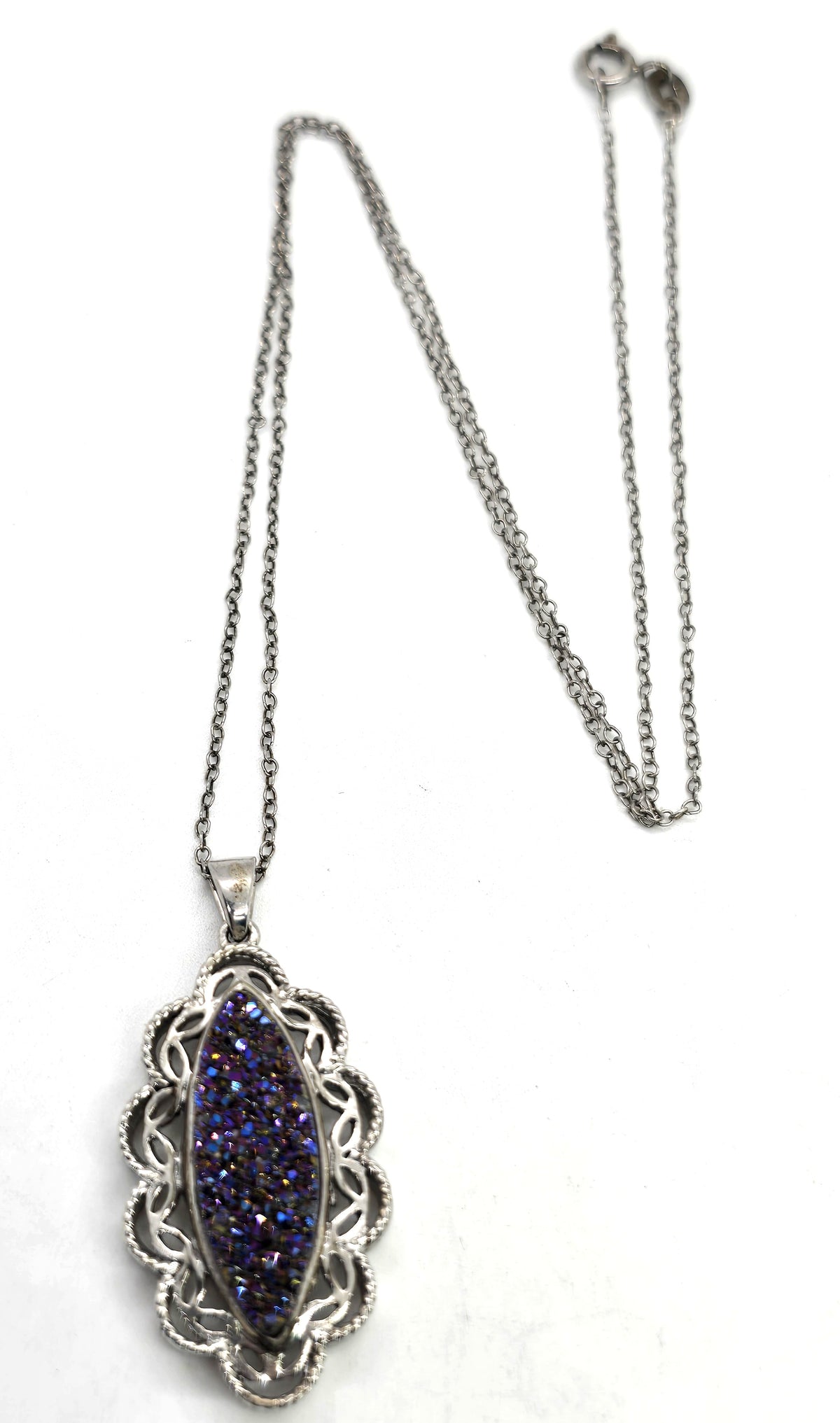 Purple Aura druzy Quartz filigree sterling silver pendant necklace