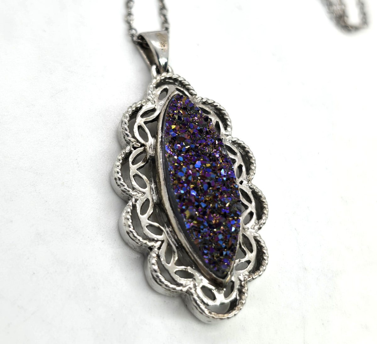 Purple Aura druzy Quartz filigree sterling silver pendant necklace