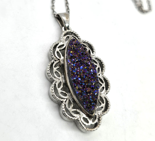 Purple Aura druzy Quartz filigree sterling silver pendant necklace