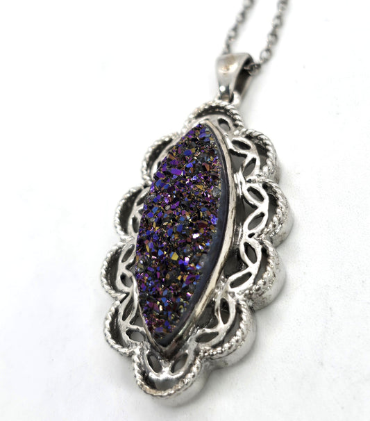 Purple Aura druzy Quartz filigree sterling silver pendant necklace