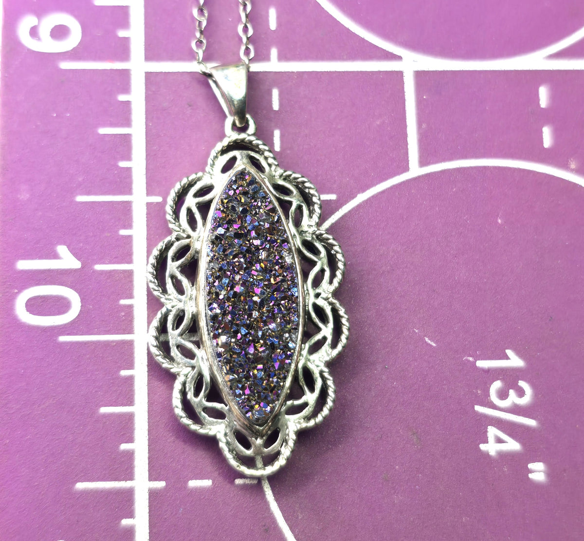 Purple Aura druzy Quartz filigree sterling silver pendant necklace