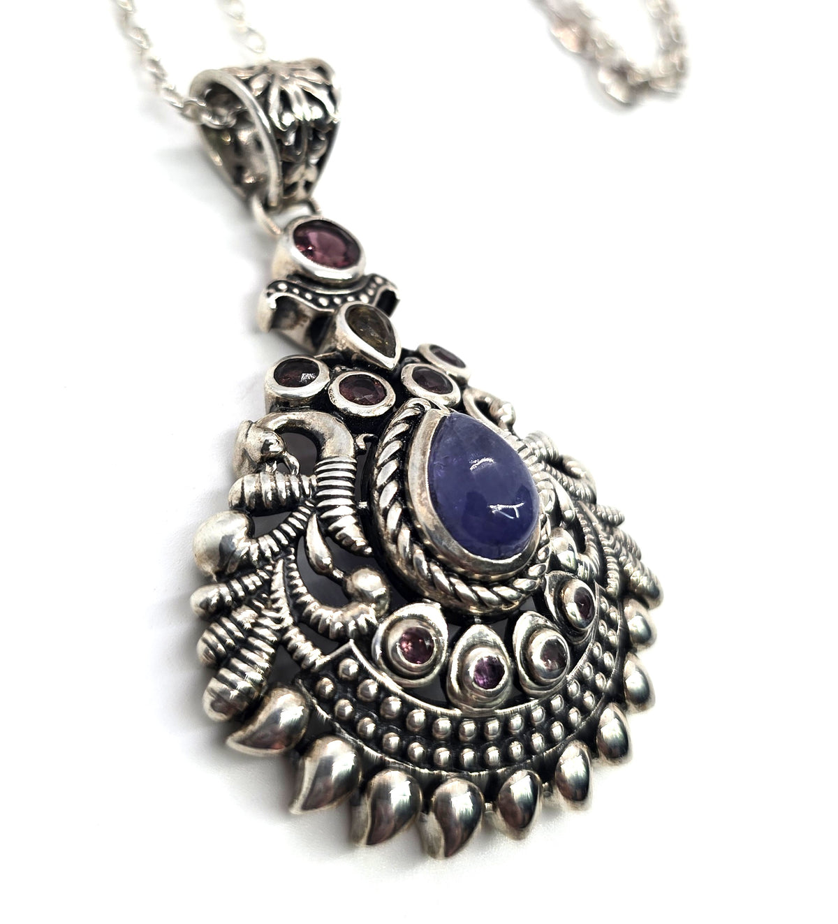 Arya Tanzanite garnet tourmaline tribal sterling silver Balinese pendant necklace