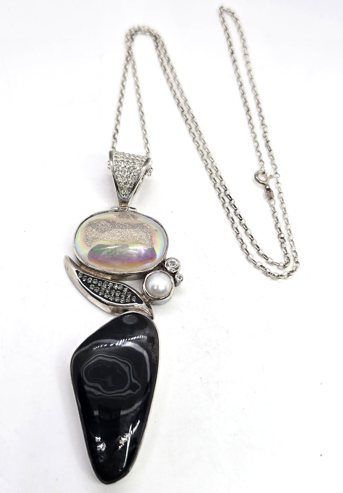Starborn signed Druzy aquamarine pearl sterling silver pendant necklace