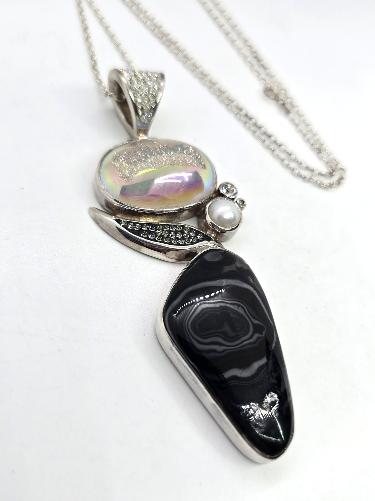 Starborn signed Druzy aquamarine pearl sterling silver pendant necklace