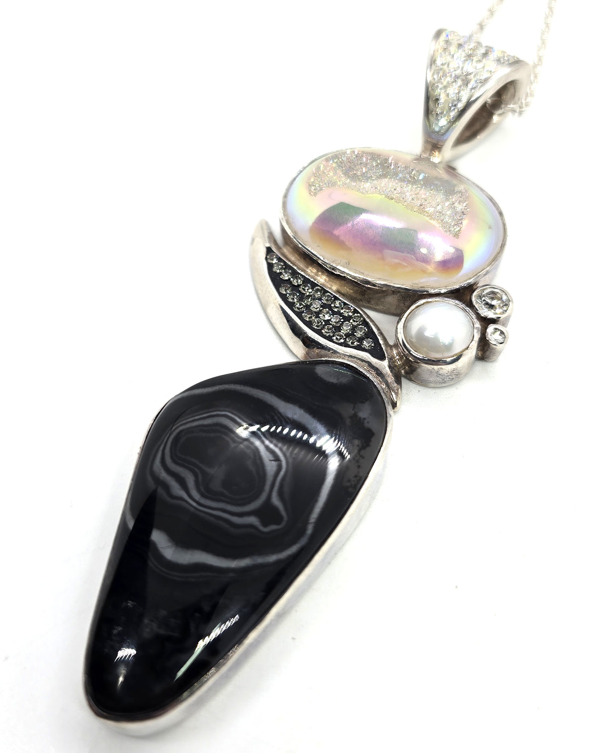 Starborn signed Druzy aquamarine pearl sterling silver pendant necklace