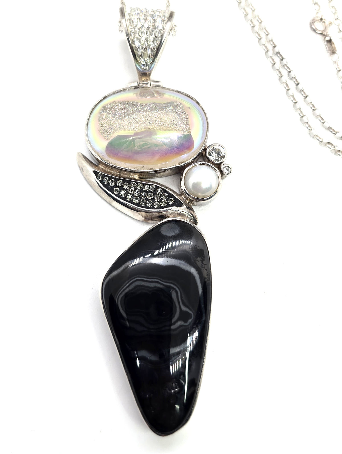 Starborn signed Druzy aquamarine pearl sterling silver pendant necklace