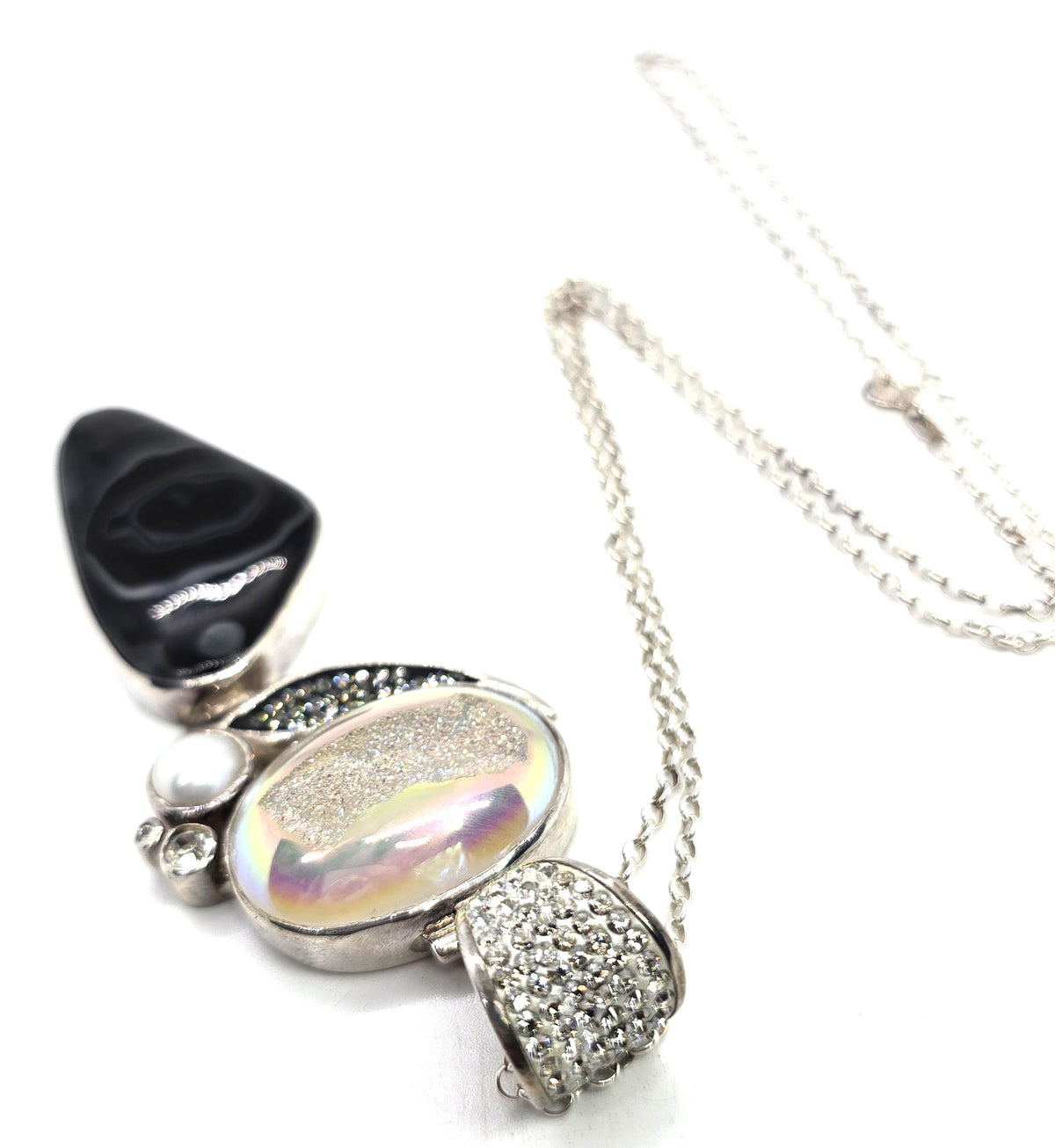 Starborn signed Druzy aquamarine pearl sterling silver pendant necklace