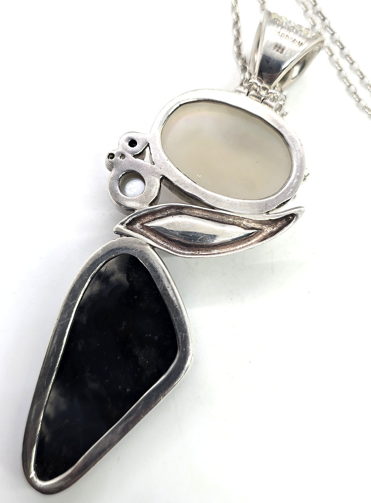 Starborn signed Druzy aquamarine pearl sterling silver pendant necklace