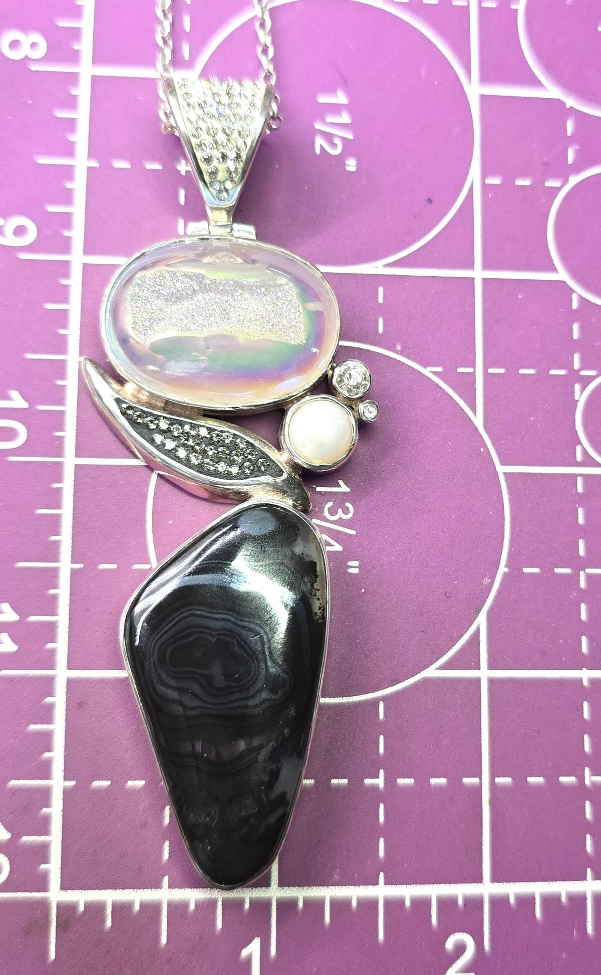 Starborn signed Druzy aquamarine pearl sterling silver pendant necklace