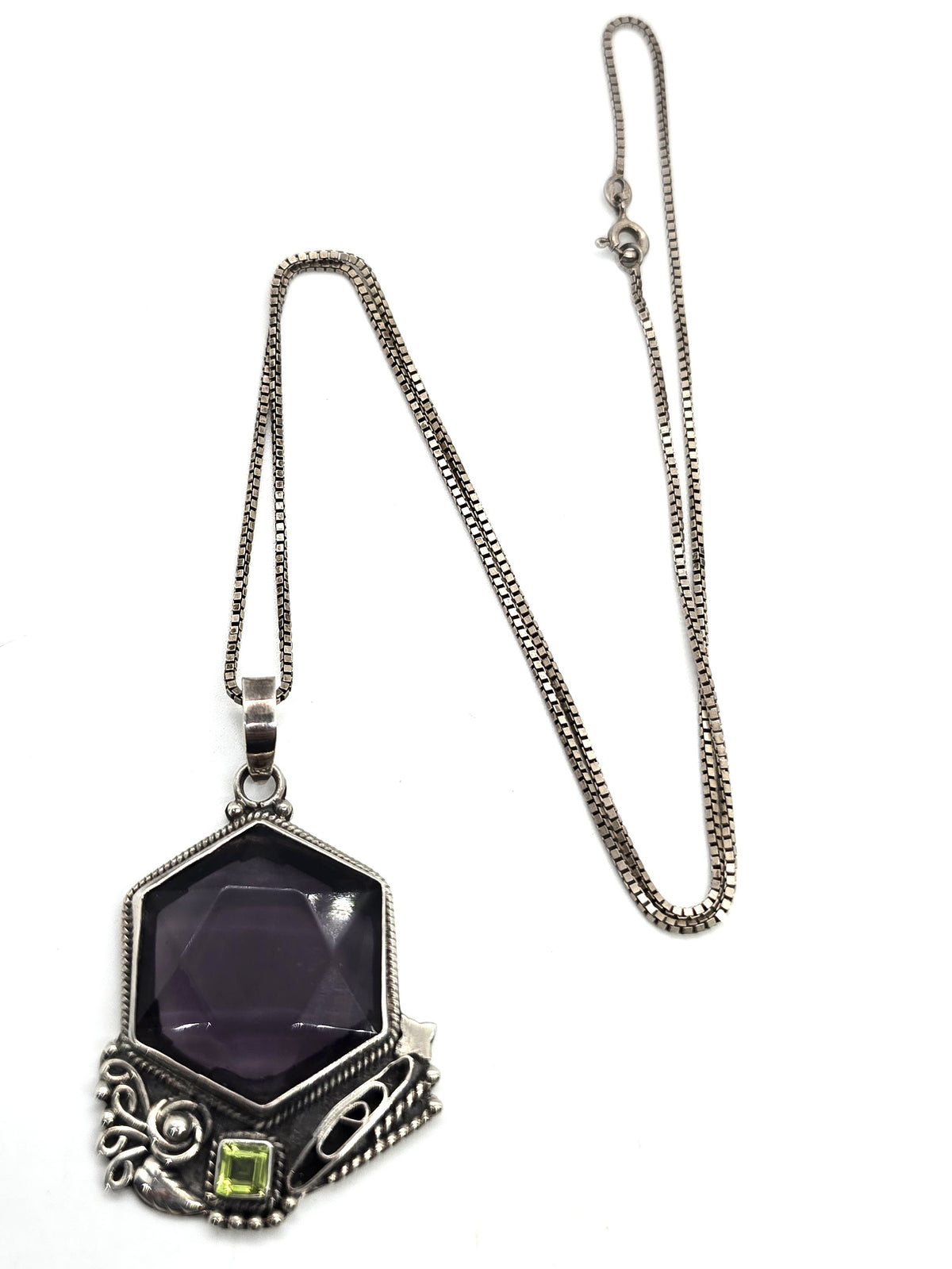 Large Synthetic Hexagonal Amethyst and Peridot vintage sterling silver necklace