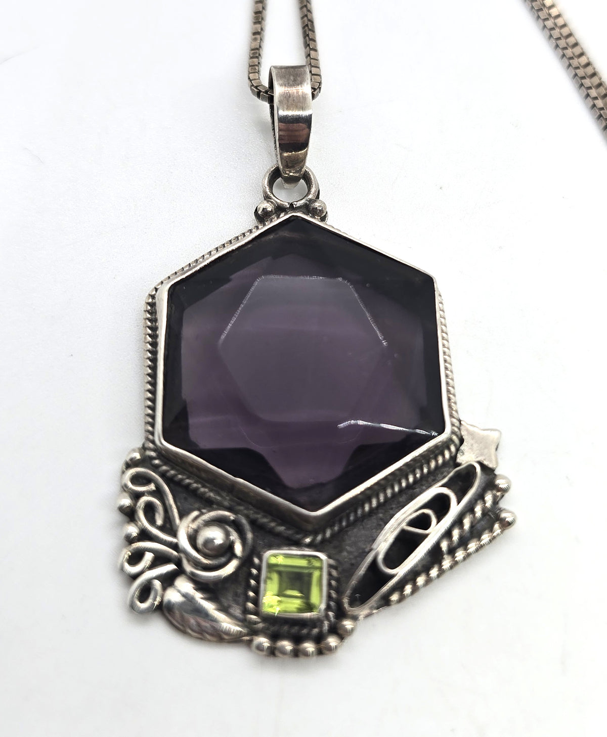 Large Synthetic Hexagonal Amethyst and Peridot vintage sterling silver necklace