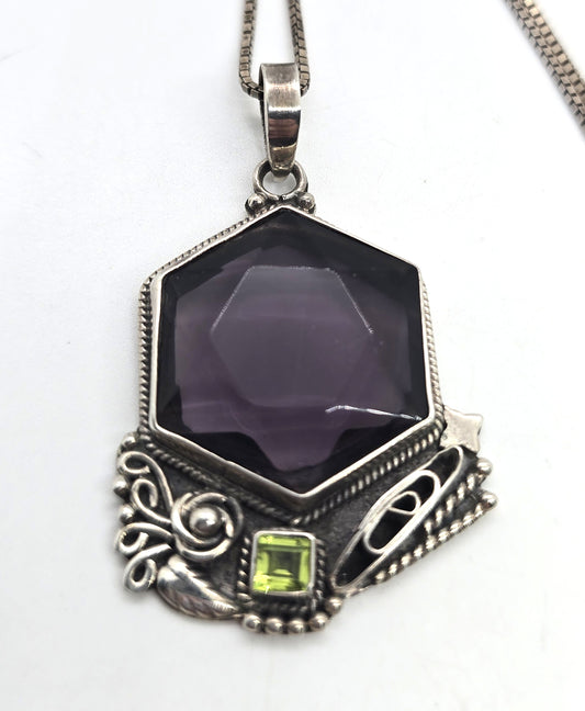 Large Synthetic Hexagonal Amethyst and Peridot vintage sterling silver necklace