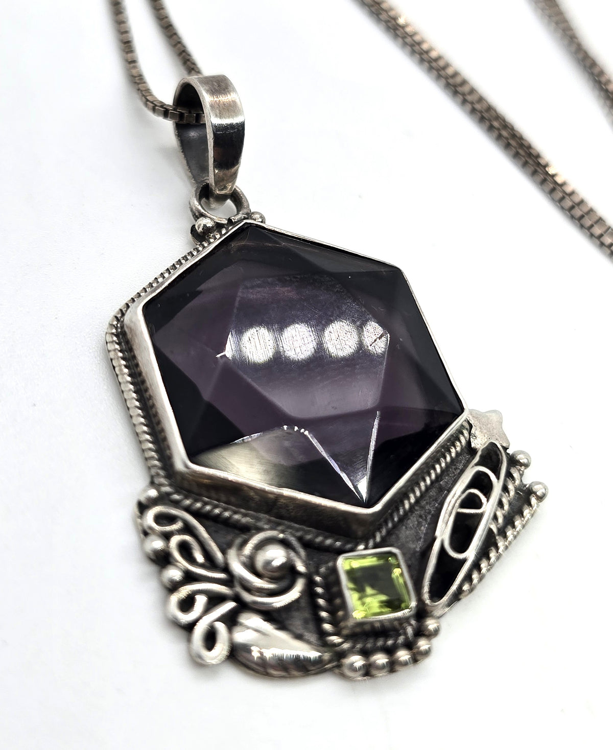 Large Synthetic Hexagonal Amethyst and Peridot vintage sterling silver necklace