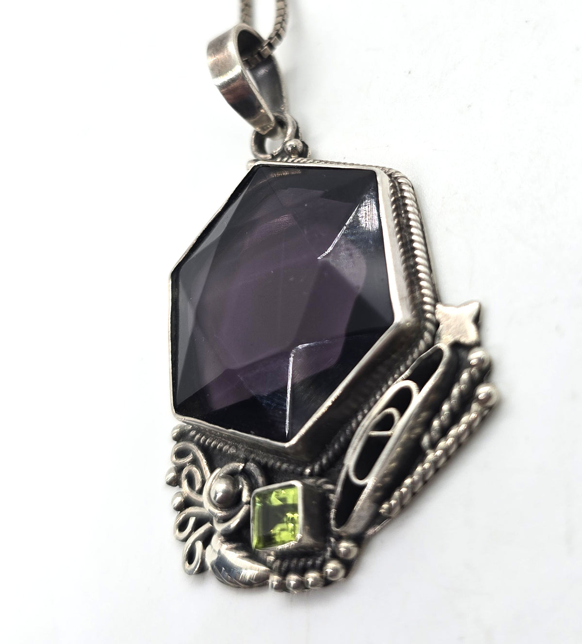 Large Synthetic Hexagonal Amethyst and Peridot vintage sterling silver necklace